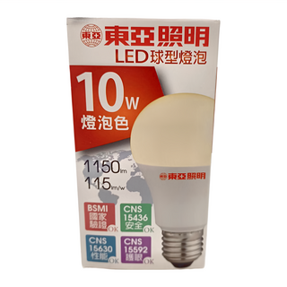 東亞照明 LED 球泡燈 10W E27 全電壓, 黃光, 20個