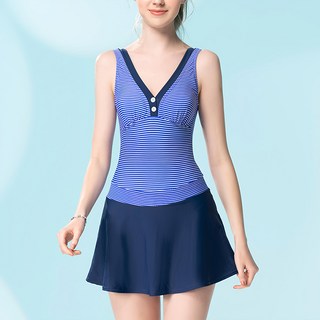 Summer Love 夏之戀 大女連身帶裙泳衣, 三片剪裁式泳帽, 活動式罩杯, 2L(胸圍90~99cm 腰圍70~84cm 臀圍94~104cm), 1件, 藍色