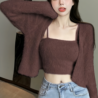 FB2378 海馬毛外套Set, 小外套 肩寬44cm 全長36cm 袖長51cm 背心 胸寬20~45cm 全長25cm, 咖