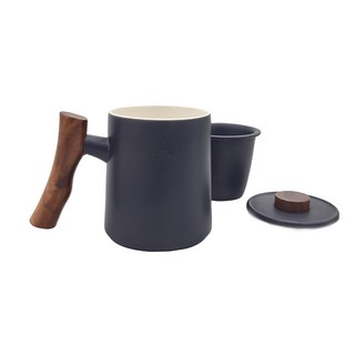 倉木 茶水分離杯禮盒組, 陶瓷實木手柄, 300ml, 黑色, 1盒