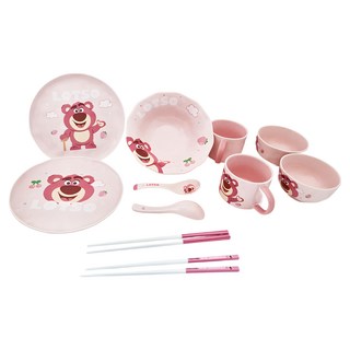 TOY STORY 玩具總動員 LOTSO 玩趣系列 陶瓷食餐具組, 湯盤 + 盤子 2個 + 碗 2個 + 杯 2個 + 湯勺 2支, 草莓熊 粉色, 1組