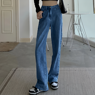 多碼高腰素面顯瘦直筒牛仔寬褲, S, 深藍