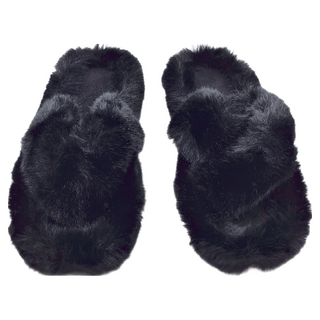 毛毛交叉保暖拖鞋 - 100%聚酯纖維 防滑耐磨膠底, 240mm, 黑色