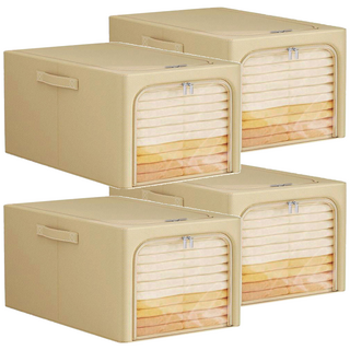 日本 FOREVER 防潮衣物牛仔褲拉鍊收納箱/防潮大容量儲物盒 附把手 49L, 卡其色, 4個