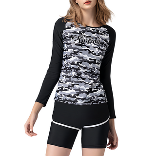 Summer love 夏之戀 大女衝浪裝 TRAVEL FOX 衝浪上衣+七分褲+泳帽 活動式罩杯 台灣製, 灰色 + 黑色