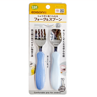 EDISON mama 嬰幼兒學習餐具組, 叉子 + 湯匙 1.5歲以上, 藍色 + 天藍色, 1組