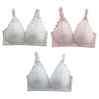 香草甜心 前開式蕾絲透氣薄墊無鋼圈哺乳內衣 Set 3件 純棉材質, 42, 淺藍 + 粉色 + 淺綠
