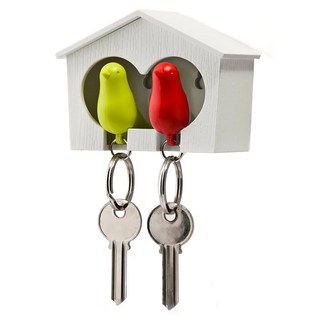 QUALy Mini Duo Sparrow Key Ring 迷你雀兒愛巢, 白屋 + 綠鳥 + 紅鳥, 1組