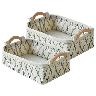 羊毛氈手提收納籃 木質提把 輕便 耐磨 平整車縫, 白色, 中(34 x 22 x 11.5cm), 2個