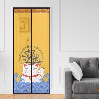 半島良品 魔術膠靜音磁吸防蚊門簾, 加寬 招財貓 黃色