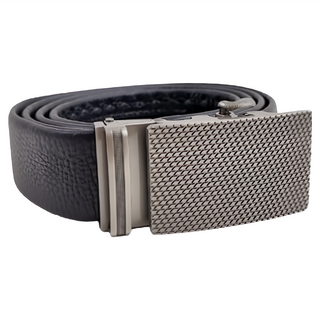 真皮 男士頭層牛皮帶合金自動釦 斜格紋，皮帶寬3.5cm， 黑色/銀色, 3.5 × 130cm