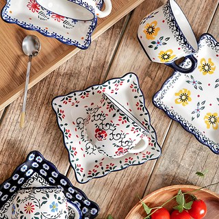 Maison Objet Praca 方形咖啡杯碟4人8件組, 1組, 鳶尾花 + 阿德莉亞 + 黃色三色堇 + 玫瑰藤