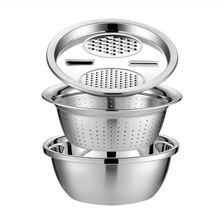 好物良品 三用食品級刨絲洗菜煮湯三件套鍋組 (直徑28x高10cm), 多功能刨絲器 + 瀝水盆 + 不鏽鋼湯鍋, 1組, 不鏽鋼