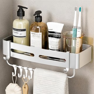 浴室置物架 四方架帶桿帶鉤 無痕貼款, 消光銀, 1個