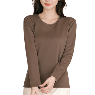 GIAT 吉亞特 極暖5.5度C女刷毛圓領發熱衣/保暖衣, M~L, 棕咖色