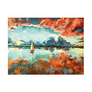 24mama 掛畫 單聯式 日落時分 雲 天空 倒影 無框畫, 60 x 80cm, 海洋中船