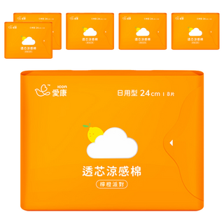icon 愛康 涼感衛生棉 雙層材質技術 乾爽安心 植萃檸檬甜橙精油, 24cm, 8片, 6包