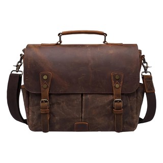 過蠟防潑水帆布配頭層瘋馬牛皮翻蓋肩背手提包男包 A4文件可, 咖啡色