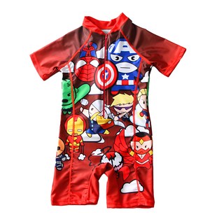 愛北鼻 男寶短袖泳衣 連身泳衣 讓寶貝成為泳池焦點, L, Q版美國隊長 紅色