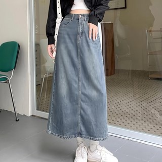 後開岔牛仔長裙 棉+聚酯纖維材質, S(腰寬32cm × 臀寬46cm × 裙長78cm), 復古淺藍