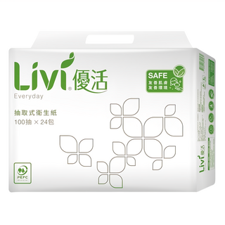 LIVI 優活 抽取式衛生紙，原生紙漿 無螢光劑，可沖馬桶, 24包, 1袋