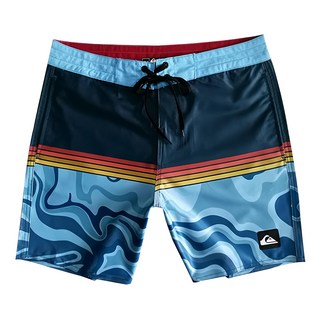 QUIKSILVER 成人男沙灘褲, 32碼, 藍波浪 + 紅黃條