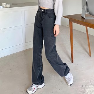 多巴胺顯瘦直筒牛仔寬褲 885- 女士牛仔褲, XL, 黑灰色