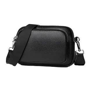 真皮頭層牛皮寬肩帶女士肩背包斜揹包小包女包 – 黑色，拉鍊，可拆卸式肩帶，280g, 20.5 x 3 x 14.5cm