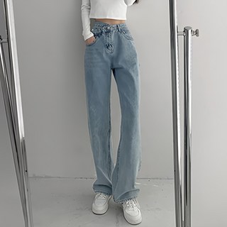 女款 錯位交叉 顯瘦 直筒 牛仔 寬褲, L, 淺藍色