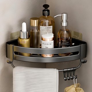 浴室置物架 三角架 附桿 + 鉤 無痕貼片款, 經典黑, 1個