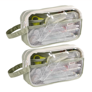 大容量透明雙層文具筆袋 雙開款 灰綠色, 2個