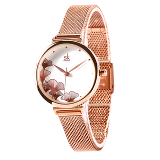 shengke 一生守候銀杏葉金屬米蘭鍊帶手錶, 白面 + 玫金帶