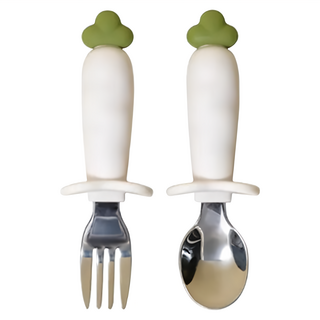 PiYOPiYO 黃色小鴨 鉑金矽膠316不鏽鋼學習蘿蔔湯叉組, 湯匙 + 叉子, 白色, 1組