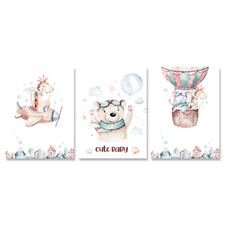 24mama 三聯式無框掛畫 40 x 30cm 可愛動物圖案 兒童房裝飾, 可愛日常