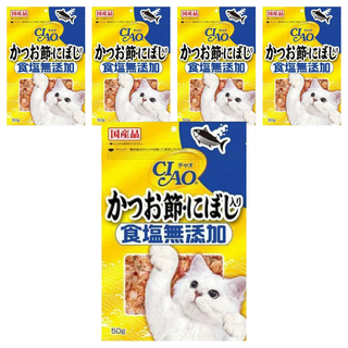 INABA CIAO 啾嚕 日本國產品 無添加食鹽, 鰹魚柴魚片+沙丁魚, 50g, 5包