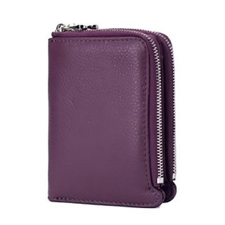 頭層牛皮雙拉鍊皮夾，手感舒適，小身形大容量, 15 x 10 x 3.5cm, 淺紫色