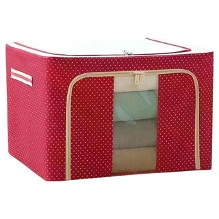 小麥購物 大容量防潑水牛津布雙門單視窗衣物鐵架收納箱 66L, 1個, 點 紅色 + 白色