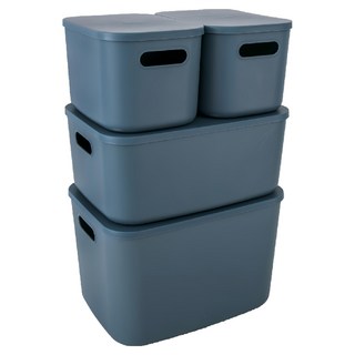 FAmILyLIFE 生活 撞色系可疊加附蓋收納盒 可提式大型款 + 中型款 + 小型款 2個, 深湛藍, 1組
