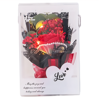 六分埔禮品 LED玫瑰滿天星綠葉珍珠紗花束,紅色,精美禮盒, 1盒