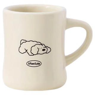 沐慕家居極簡線條狗狗厚實陶瓷馬克杯 350ml 可愛療癒系, 休息中 米白色, 1個