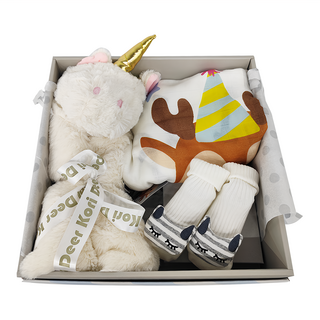 Kori Deer 可莉鹿 動物嬰兒毯安撫毯 輕膚柔軟 超大尺寸 附贈精美禮盒紙袋, 安撫毯76 x 76cm + 包巾125 x 100cm + 寶寶襪1~3歲, 白色獨角獸