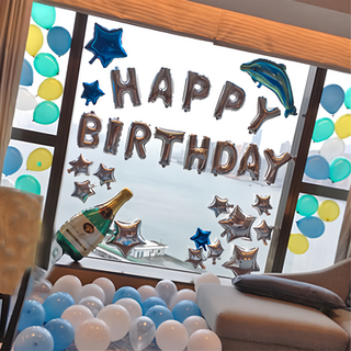 生活 King 海洋之星浪漫氣球套餐組, HAPPY BIRTHDAY 字母, 海豚, 星星, 氣筒膠點, 1組, 藍色，銀色