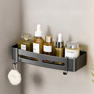 超級工廠 浴室置物架 無痕貼片款 四方籃 免釘牆壁收納, 30.5cm x 22cm x 6.8cm, 黑色, 1個