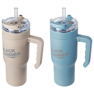 BLACK HAMMER 316不鏽鋼保溫保冰手提冰壩杯2件組 附海綿杯刷, 1280ml, 1組, 藍色 + 奶杏色