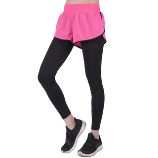 LEADER 女款假兩件透氣彈性運動長褲 95%聚酯纖維 運動不滑動, L, 桃底黑邊
