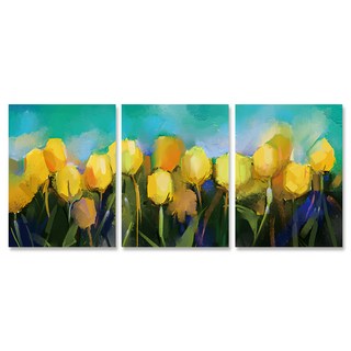24mama 掛畫 三聯式 黃色鬱金香花卉 – 充滿活力藝術春天花田藍天, 30 x 40cm, 無框
