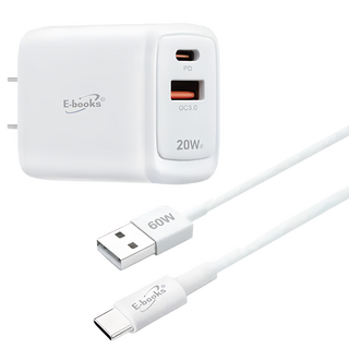 E-books B77 20W 智能電流 PD+QC 3.0 充電器 + 60W快充傳輸線組 USB to Type C, 白色, 1組