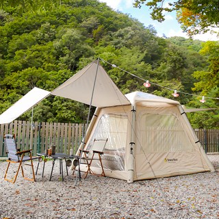 [Breeze Moon] 內建氣泵一鍵式充氣帳篷 + 專用地布套組, 米色, 3-4人