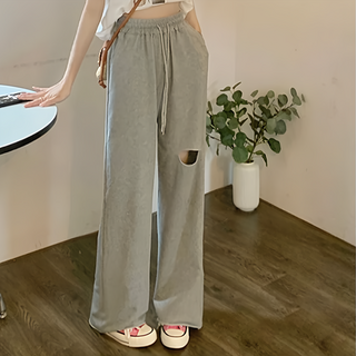 HL5968 不修邊鬆緊破洞棉褲, 灰色 L, 1件