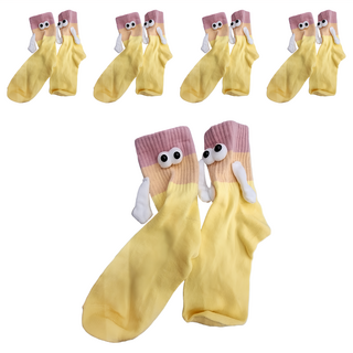 磁體款中筒襪甜蜜襪 Set 5, 情侶牽手襪, 立體可愛眼睛, 29cm, 黃色